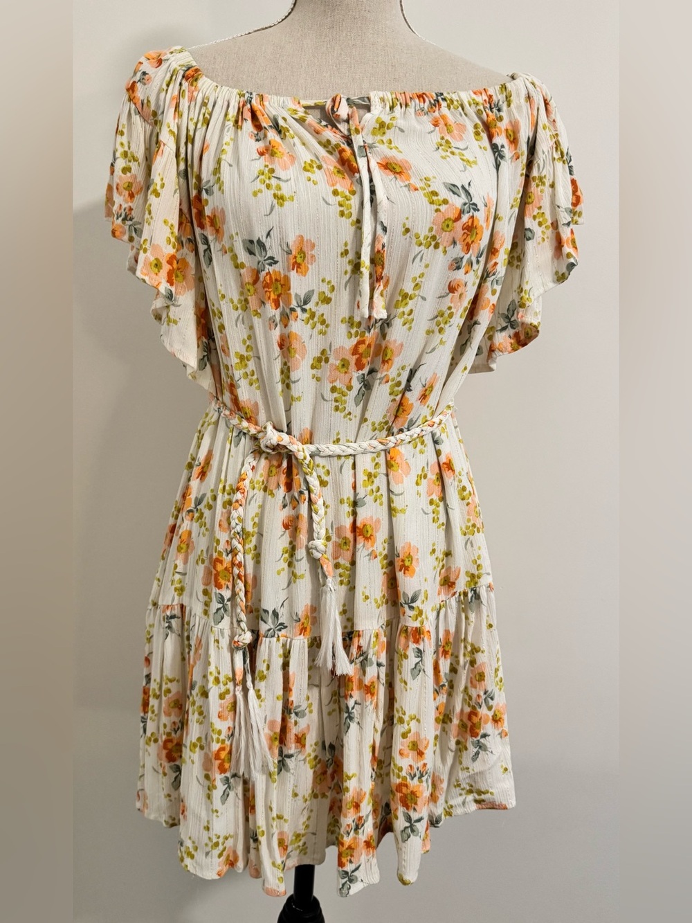 Cupcakes and Cashmere Dress Cream Peach Floral Boho Drop Waist Size Small